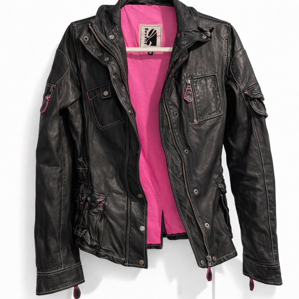 Vintage-Inspired Black Genuine Leather Utility Jacket Euro 38, Pink Lining